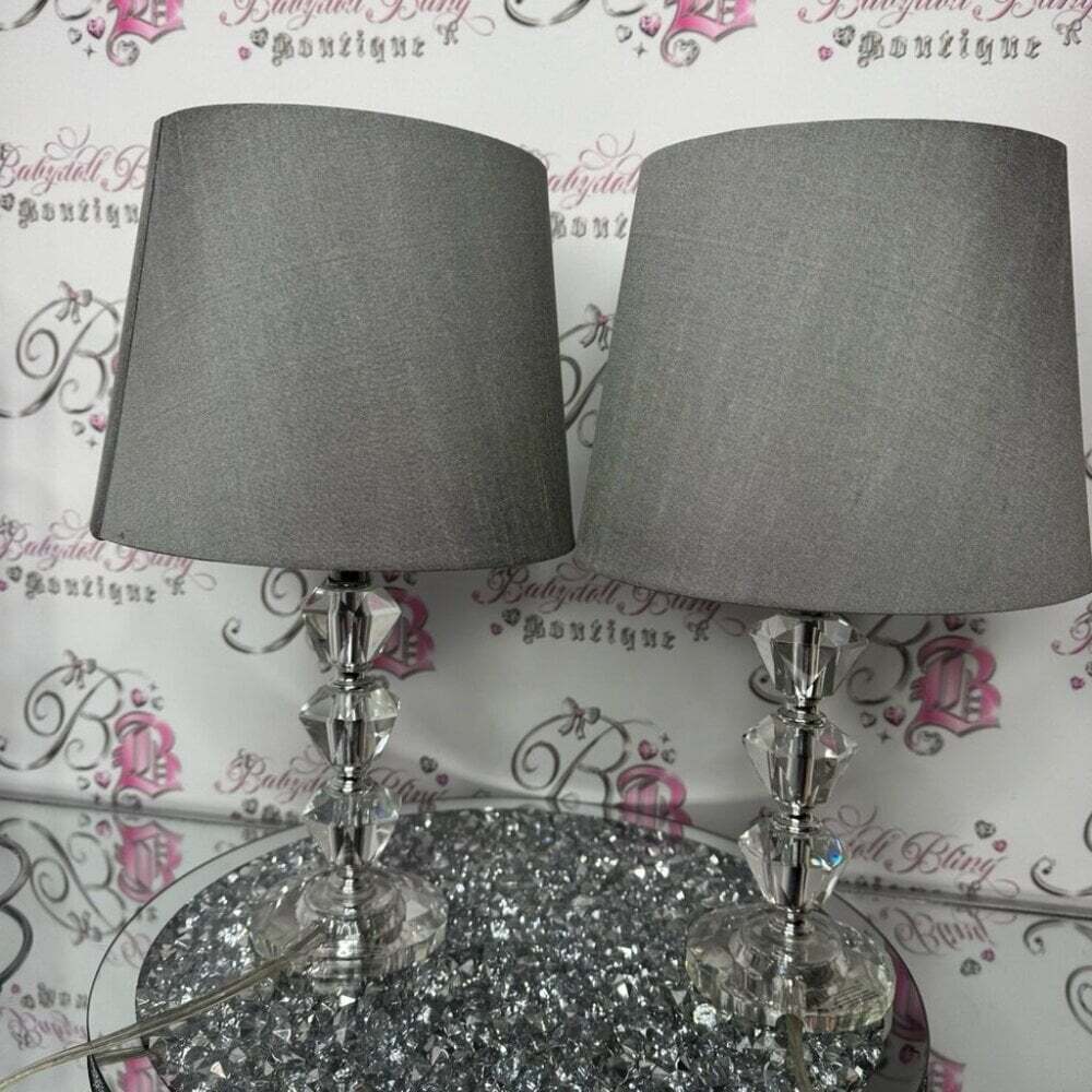 2 lamps crystal bases sparkly crystals grey lamp shade plug in wall luxury